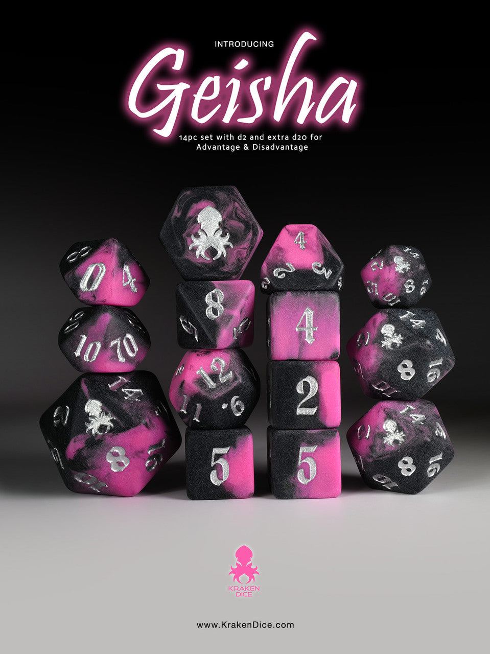 Geisha 14pc Black and Pink Matte dice set for TTRPGs